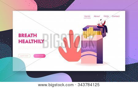 Unhealthy Habit, Smoking Nicotine Tobacco Addiction Website Landing Page. Man Sitting On Huge Cigare