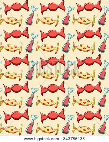 Red Candies Seamless Pattern On Yellow Background