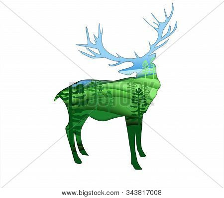 Deer Animal Silhouette Isolated On White Background. Vector Illustration Design In Paper Cut Style. 
