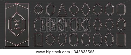 Rose Gold Polygonal Frames Collection Isolated On Dark Grey Background.