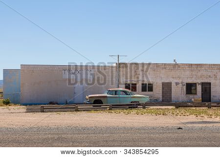 Truxton, Arizona, Usa- 01 June 2015: Abandoned Building And Old Car On The National Trails Highway, 