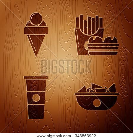 Set Nachos In Plate, Ice Cream In Waffle Cone, Paper Glass And Water And Burger And French Fries In 