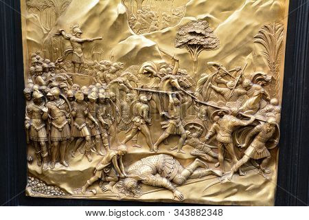 Florence Italy,october 20th 2019.the Bronze Door Panel Of The Baptistery Doors In Florence Italy.lor