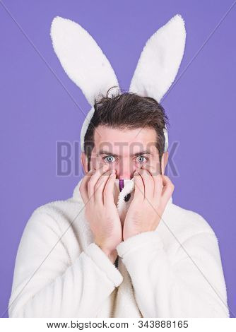 Cute Bunny. Man Handsome Face Wear White Bunny Ears. Easter Bunny. White Bunny Symbol Of Easter Holi