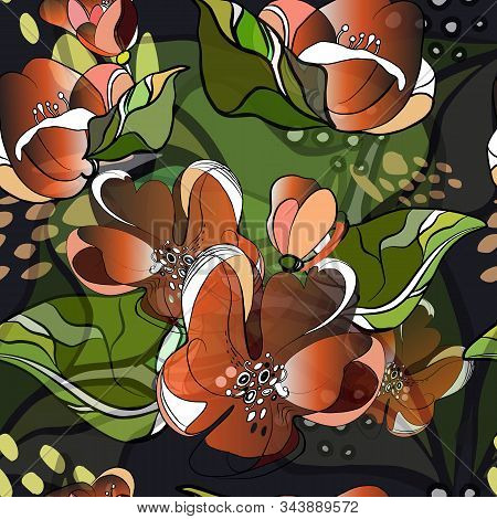 Orange Blossoms Are Drawn On A Dark Blue Background. Bouquet Seamless Pattern. Moon And Sun Burned S