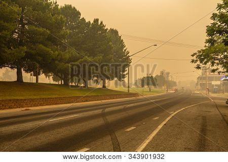 New South Wales - January 5, 2020: View Of The Town Of Narrandera In New South Wales Covered By Thic