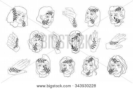 Abstract Minamal Face And Hand Line Art. Set Elegant Women Sketch.