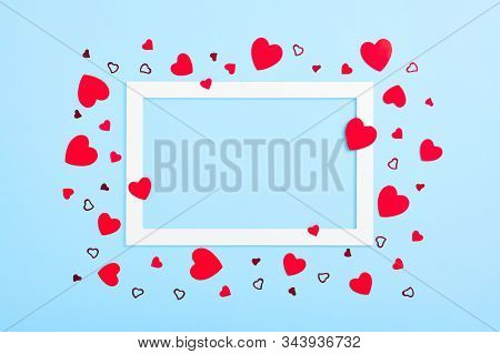 Valentines Day Festive Pattern. Red Hearts On Baby Blue Background