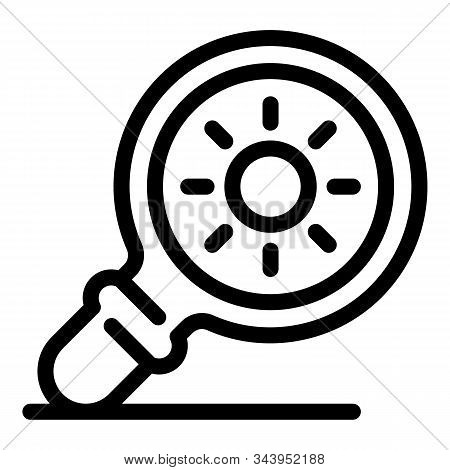 Sun Under Magnifier Icon. Outline Sun Under Magnifier Vector Icon For Web Design Isolated On White B