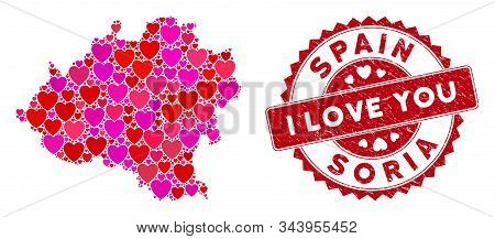 Lovely Collage Soria Province Map And Rubber Stamp Watermark With I Love You Phrase. Soria Province 