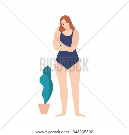 Self Love And Care Flat Vector Illustration. Shy Girl, European Female Cartoon Character Wearing Swi