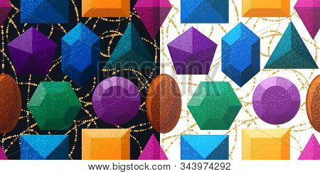 Vector Seamless Pattern In 2 Color Variations Made Of Colorful Gemstones In Jewel Tone Colors. Jewel