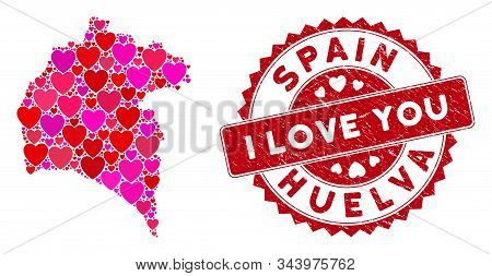 Love Collage Huelva Province Map And Rubber Stamp Seal With I Love You Caption. Huelva Province Map 