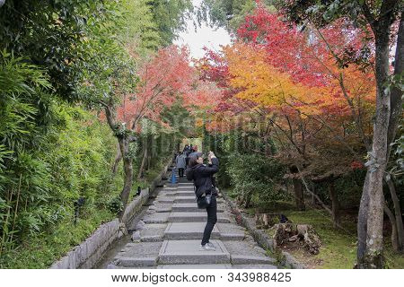 Kyoto, Japan- 27 Nov, 2019: People Visit Daidokoro-zaka Stone Steps That Connects Neneno Michi Road 