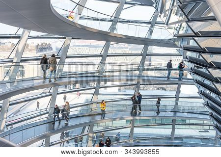 Berlin, Germany - November 23, 2019: Interior Of The Reichstag Dome. People Visit The Reichstag Dome