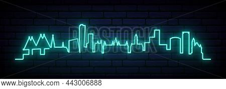 Blue Neon Skyline Of Malmo. Bright Malmo City Long Banner. Vector Illustration.