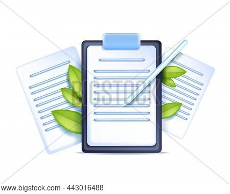 3d Document Paper On Clipboard, Vector Office Business Note Illustration, Checklist Brief, Pencil On