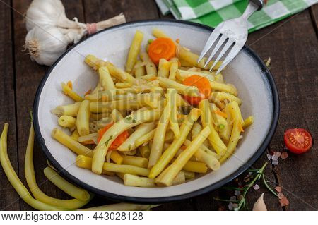Tin Plate With Cooked Yellow String Beans On Wooden Table. Healthy Fat-free And Cholesterol-free Yel