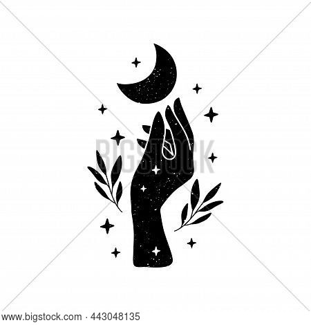 Celestial Vector Iilustration. Mystical Witchy Woman Hand With Floral Moon, Stars. Esoteric Spiritua