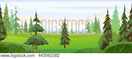 Coniferous Forest Panorama. Pine And Rees On Glade. Seamless Horizontal Illustration In Cartoon Styl