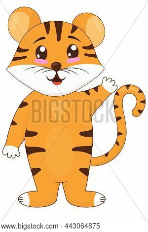 Cute Tiger Cub Standing And Waving Its Paw, Symbol Of The New 2022, Vector Illustration In Flat Styl