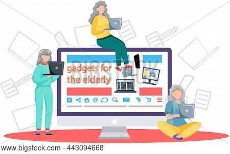 Online Lecture And Training Gadgets For Old People, Modern Means Of Communication. Pensioner And Mod