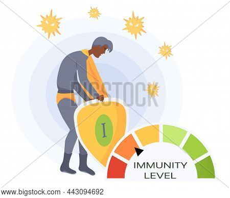 Man In Super Man Costume And Circular Spectrum Of Level Of Immunity. Power Of Imunity To Fight Disea