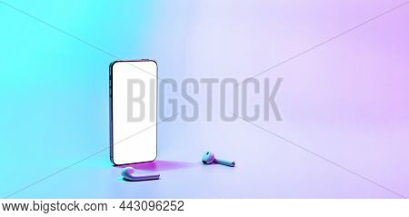 Mockup Display. Mobile Smart Phone Technology Blank Screen. Mock Up Smart Phone Device, Audio Headph