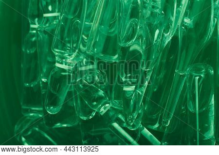 Glass Medical Ampoule Vial For Injection. Medicine Is Liquid Sodium Chloride With Of Aqueous Solutio