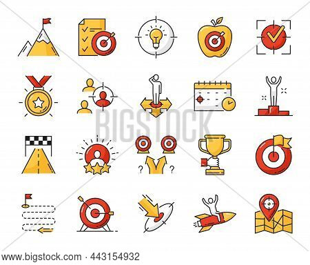 Success, Goal And Target, Business Leadership And Management Color Outline Icons. Vector Flag On Mou