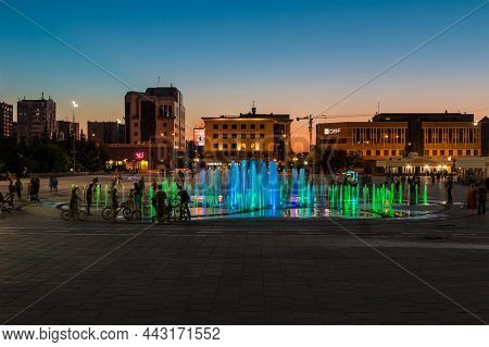 Tyumen, Russia - May 21, 2021: Beautiful View Of The Dancing Fountain During The Musical Light Show 