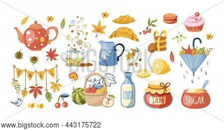 Teatime Autumn Set: Cups, Teapots, Sweets, Croissants, Cake, Dairy Products, Lemon. Autumn Tea Party
