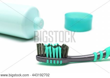Brushing Teeth. Toothbrush And Toothpaste Close Up. Teeth Care Concept. Dental Broom. Set For Tooth