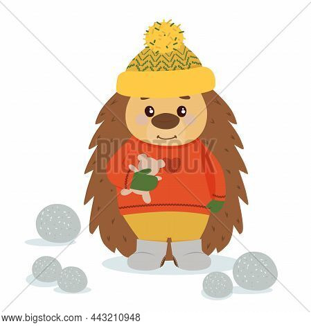 A Little Hedgehog In A Sweater And Mittens Walks.