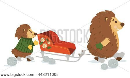 Hedgehogs In A Sweater And Mittens With Sledges.