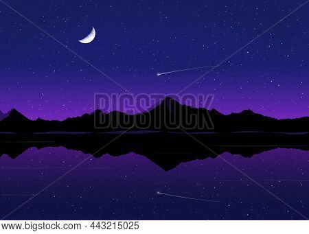 A Shooting Star Meteor Or Commet Is Seen With The Moon In The Sky Over A Mountain Lake At Night In T