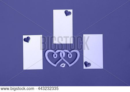 Blank Cards With Hearts On A Very Peri Background. Valentine's Day Concept.