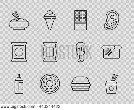 Set Line Sauce Bottle, Asian Noodles And Chopsticks, Chocolate Bar, Donut, Rice In Bowl With, Bag Or