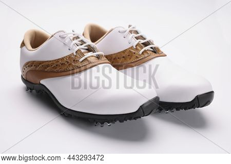Close-up Of Pair Of Stylish Fashionable Shoes With Unique Design, White Leather Combines With Gold, 