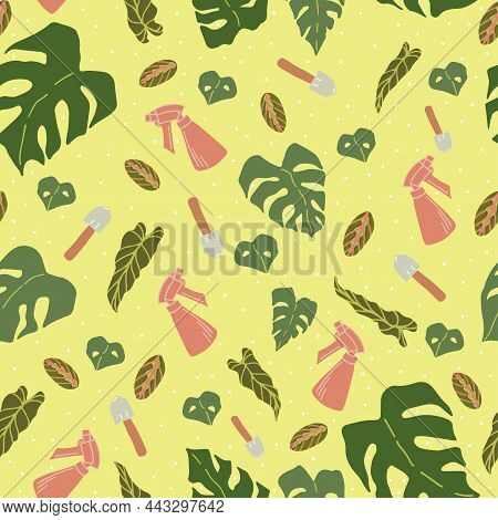Pattern With Houseplants Such As Alocasia, Monstera And Maranta, As Well As With Shovels And Spray G