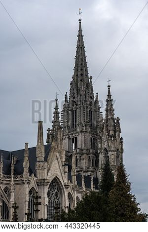 Laeken, Brussels/ Belgium - 12 12 2018: Neo Gothic Tower Of The Church Of Our Lady Of Laeken