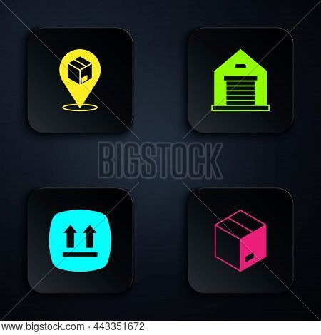 Set Carton Cardboard Box, Location With, This Side Up And Warehouse. Black Square Button. Vector