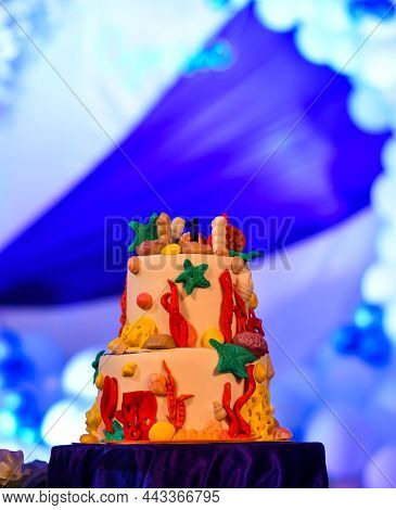 Ocean Themed White Birthday Cake With Blur Background