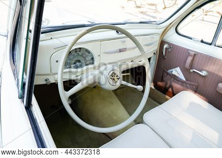 Bordeaux , Aquitaine  France - 12 15 2021 : Peugeot 203 White Dashboard Interior Retro Car Sixties F