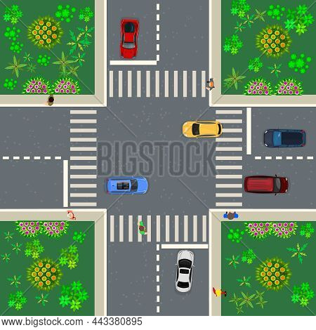 Crossroad Top View With Cars, Roads, And People On Sidewalk And Crosswalks. Above View Of The City. 