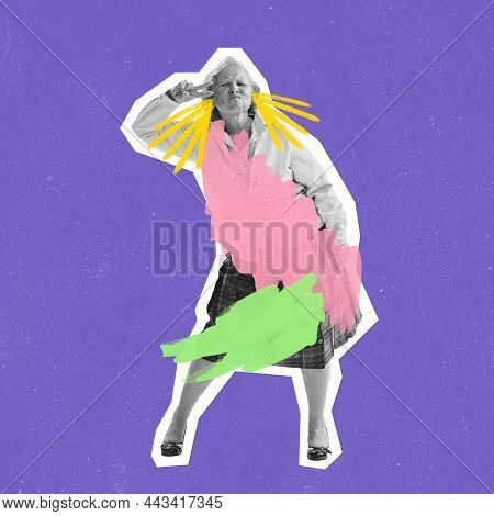 Contemporary Art Collage, Modern Design. Middle Aged Woman Dressed In 70s, 80s Fashion Style Dancing