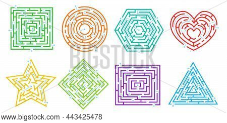 Maze Puzzle Games In Different Shapes, Simple Labyrinths For Kids. Route Finding Game, Labyrinth Puz