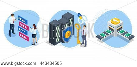 Cryptocurrency Mining Gpu-farm. Cryptocurrency And Blockchain Isometric Composition. Big Data Proces