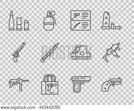 Set Line Submachine Gun M3, Small Revolver, Weapon Catalog, Buying Pistol, Bullet, Military Knife, P
