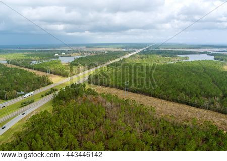 Aerial Overlooking With Traffic Line I-10 Interstate Expressway In Diamondhead Mississippi Us